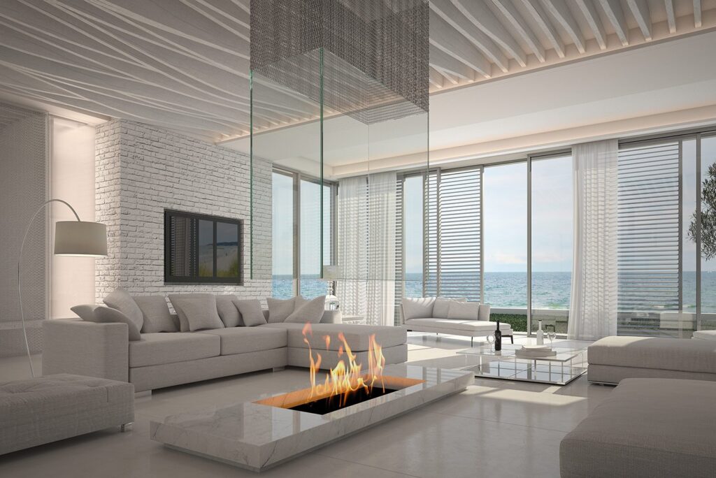 Modern living room and kitchen interior